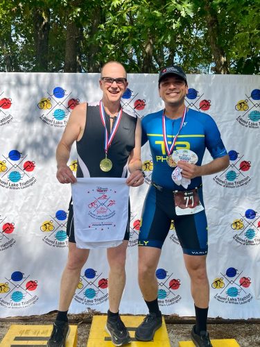 Dr. Bruce Terry and Dr. Varun Solanki of Endodontic Specialists after completing the Laurel Lake Tri/Du/Aqua Triathlon